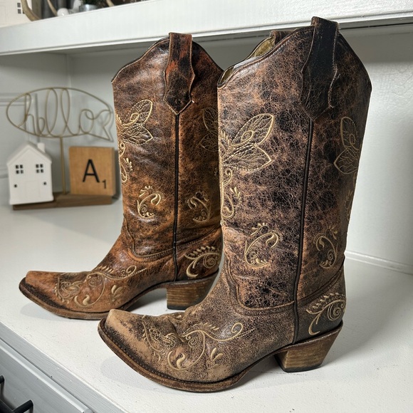 Circle G Shoes - Circle G Western Boots Womens 8.5M Distressed Brown Embroidered Cowboy Rustic